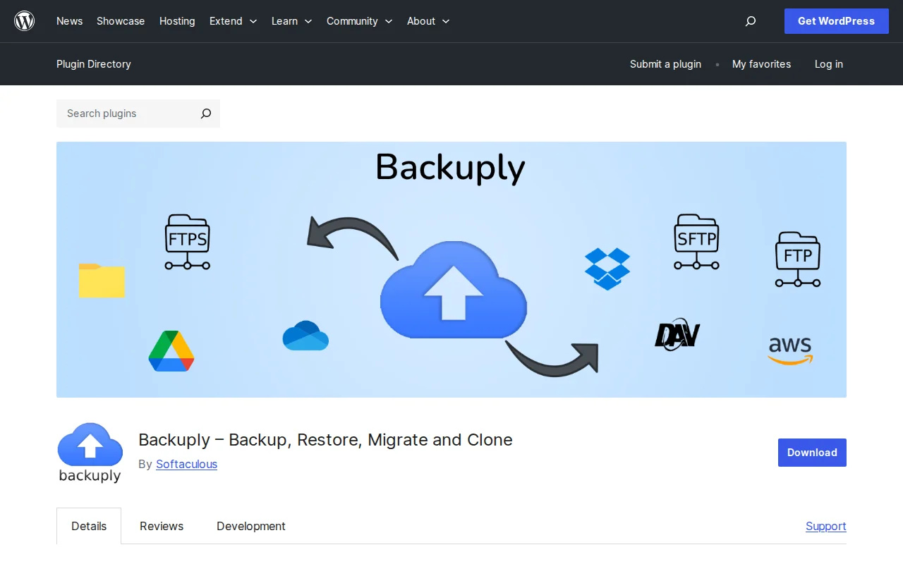 Backuply plugin page on WordPress.org showing backup, restore, migrate and clone features