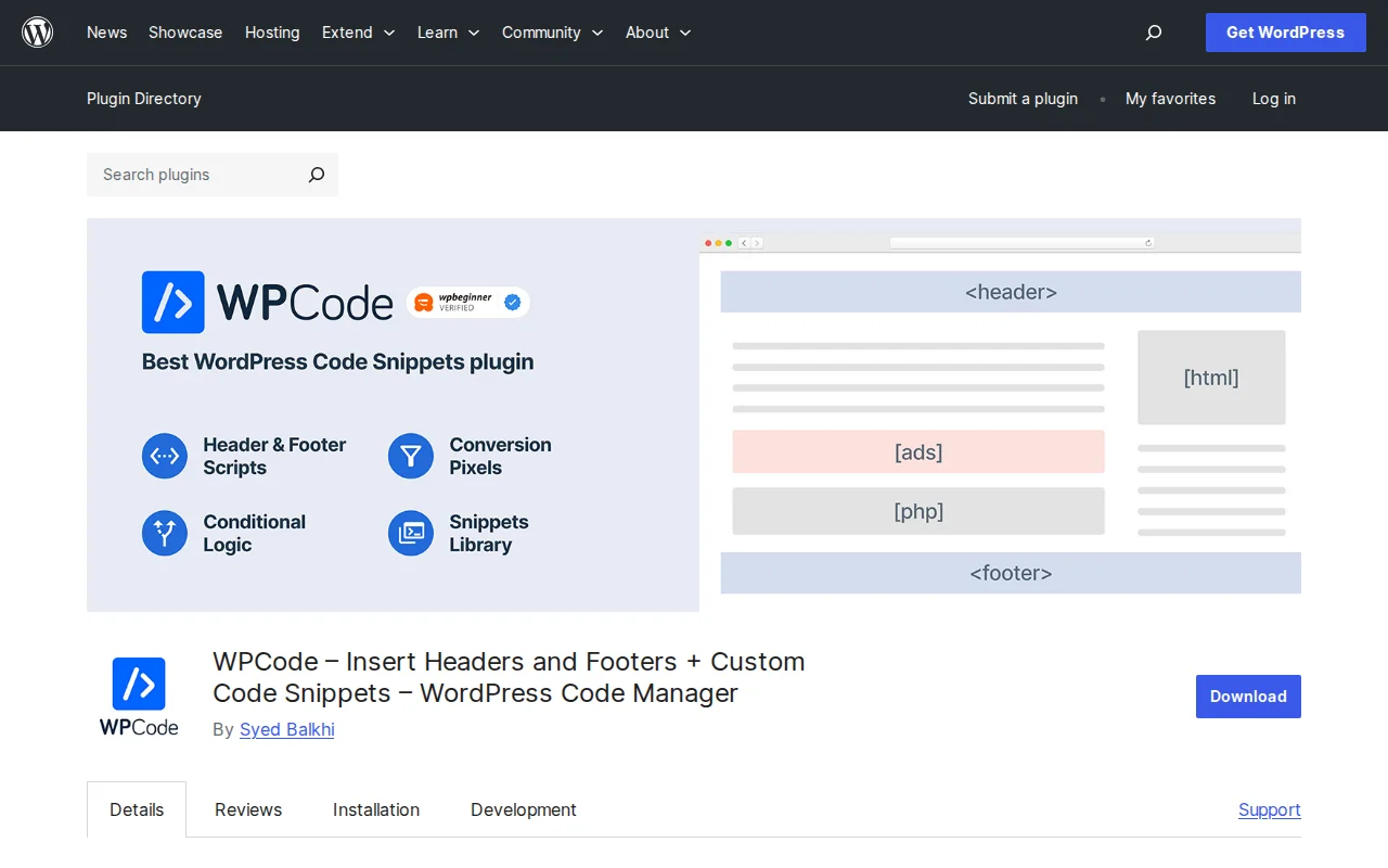 WPCode plugin page on WordPress.org showing header and footer scripts, conditional logic, and snippet library features