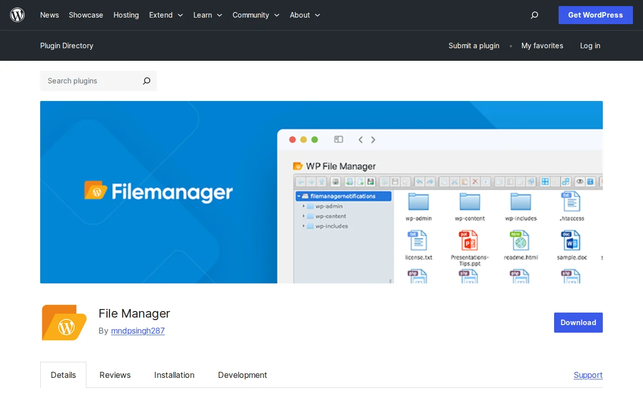 WP File Manager plugin page on WordPress.org showing 700,000+ active installations and 4.7-star rating