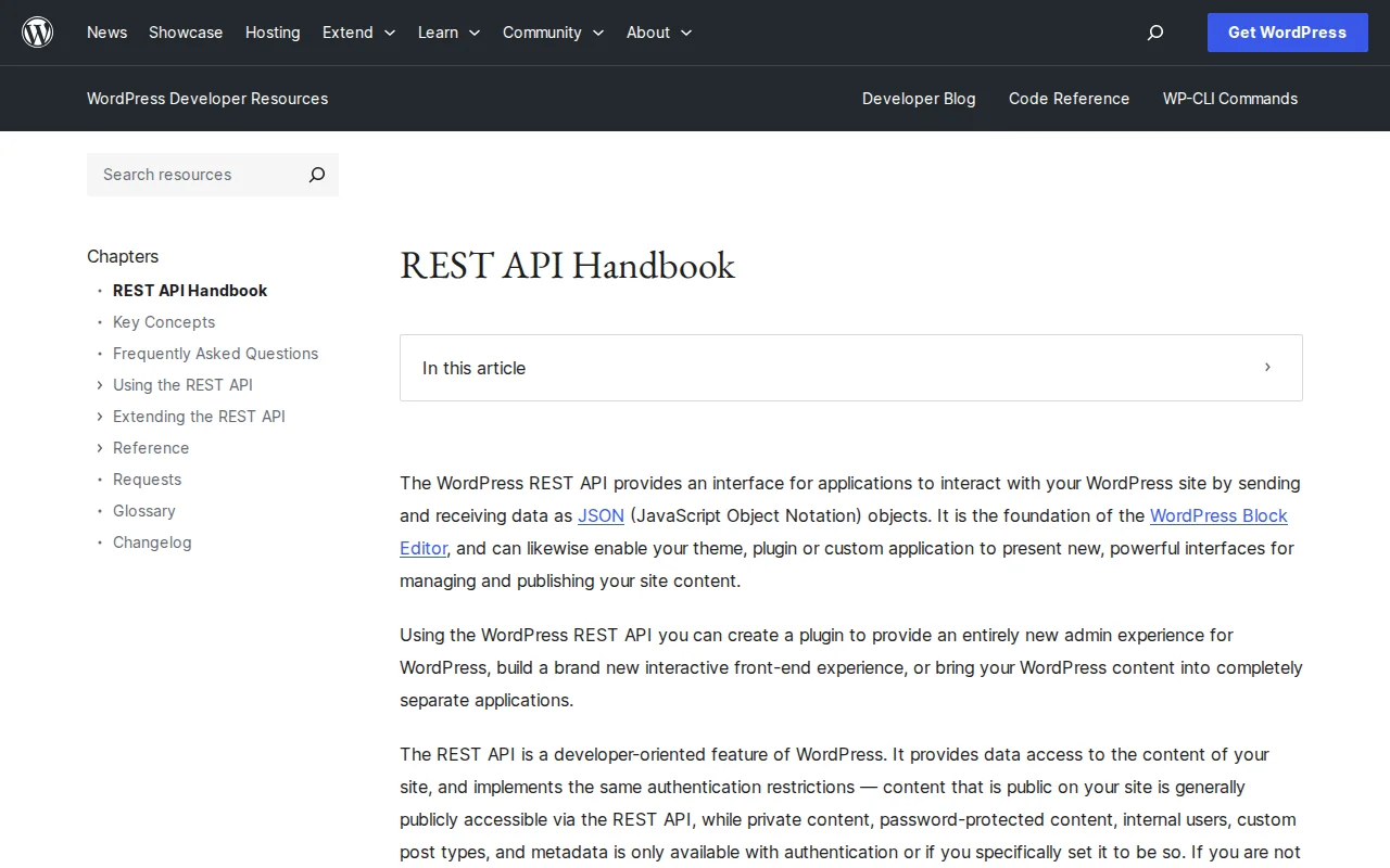 The WordPress REST API reference page — the foundation that makes headless WordPress possible