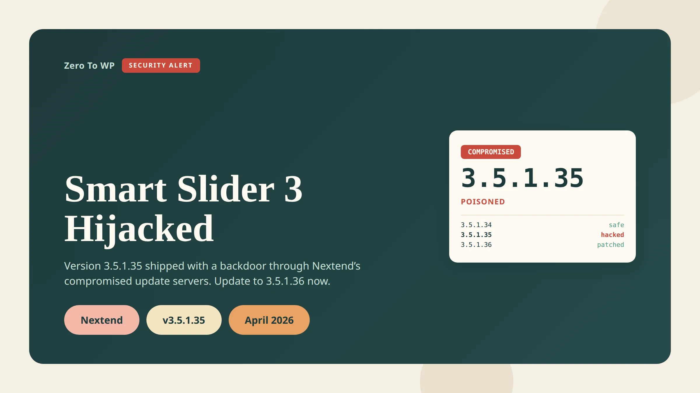 Smart Slider 3 Pro backdoor attack April 2026 WordPress supply chain compromise