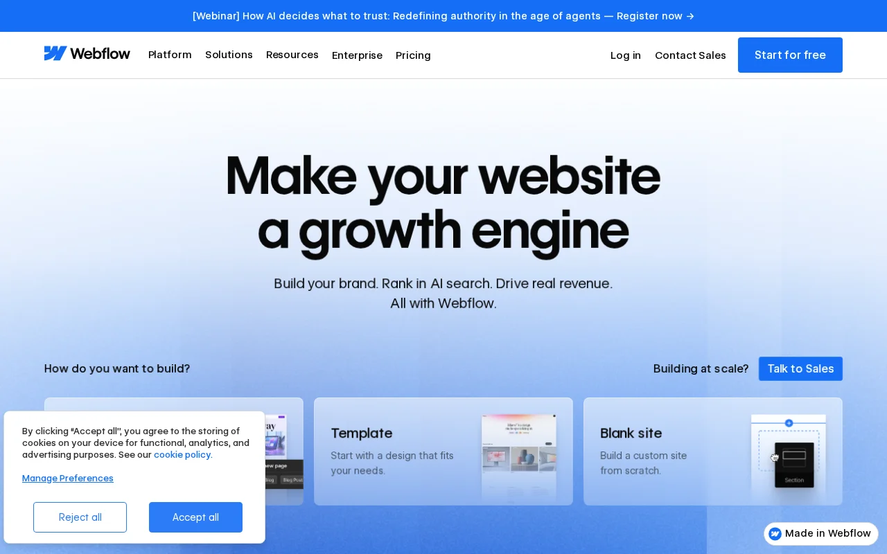 Webflow homepage — visual website builder and CMS platform