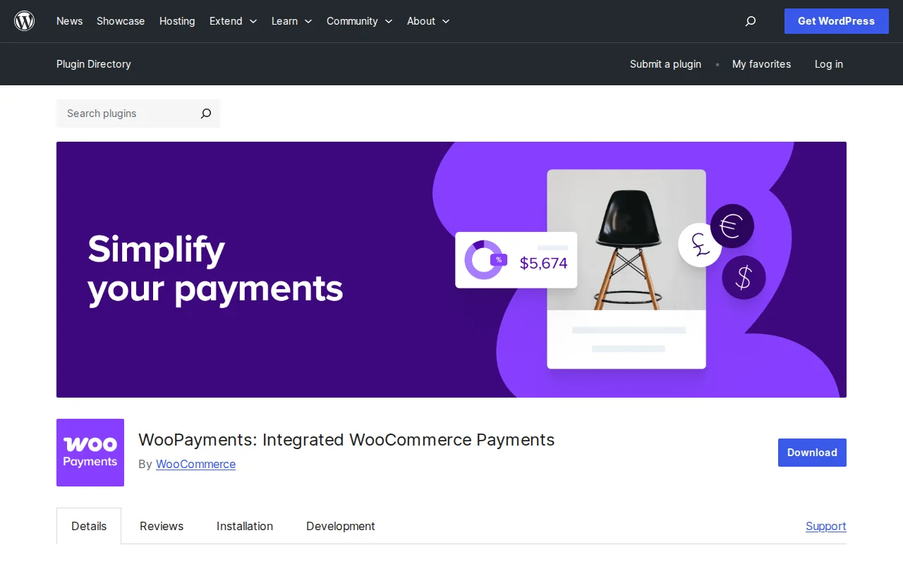 WooPayments plugin page on WordPress.org showing 42 million+ downloads and integrated WooCommerce payment features