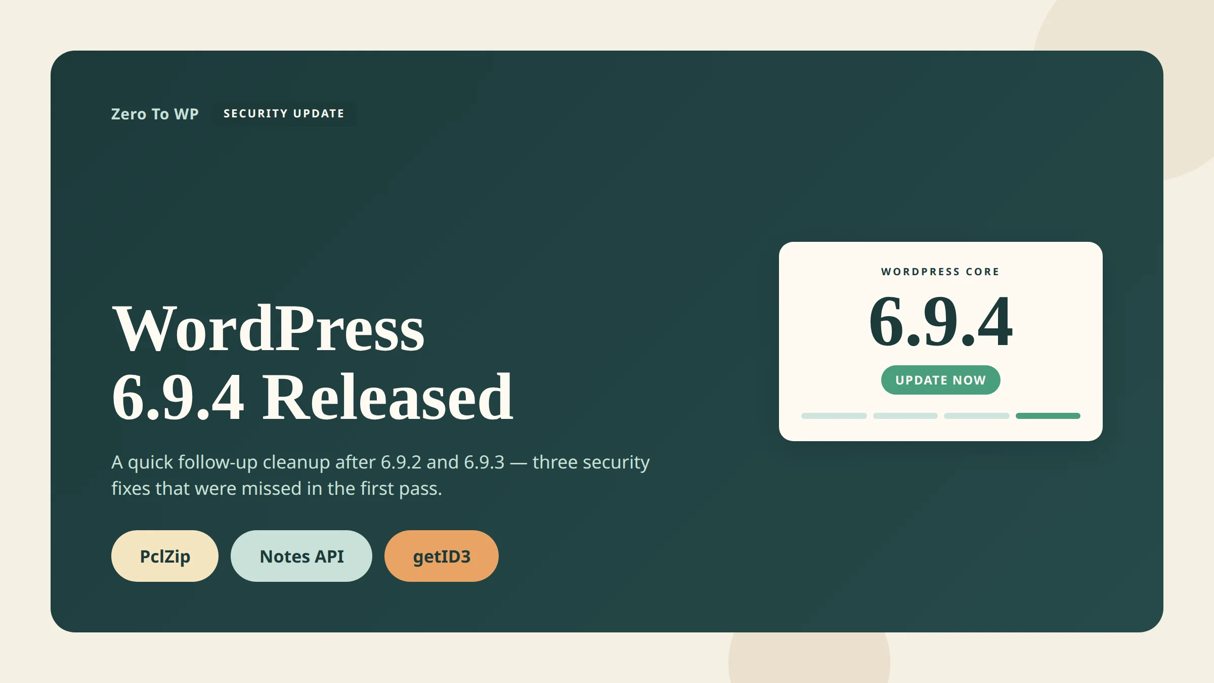 WordPress 6.9.4 emergency security release March 11 2026 PclZip getID3 Notes authorization bypass
