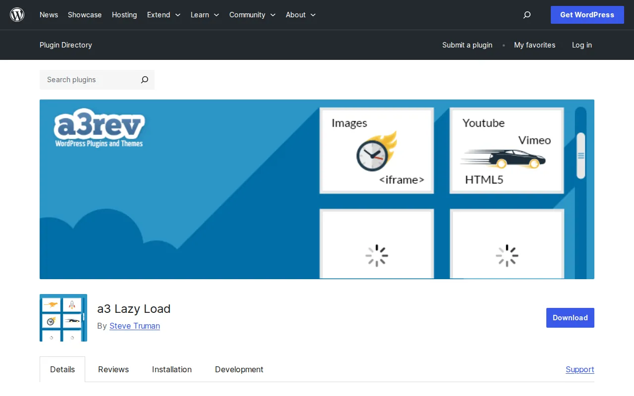 a3 Lazy Load plugin on WordPress.org — free lazy loading for images, iframes, and videos