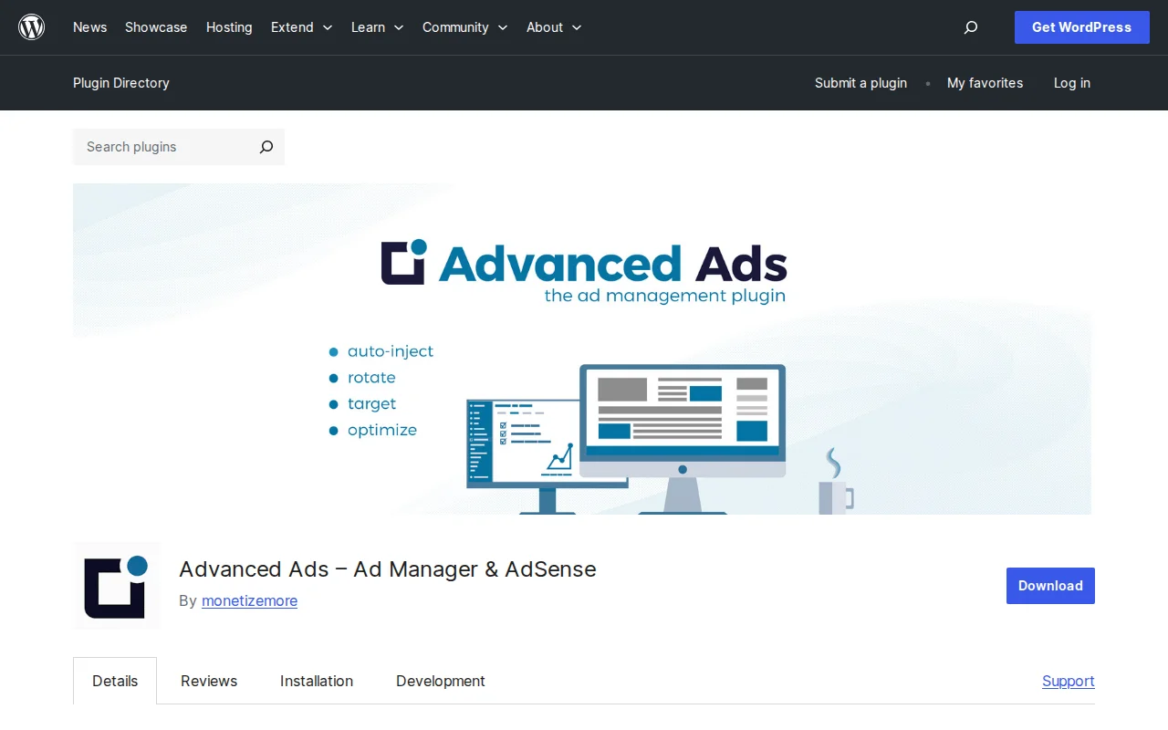 Advanced Ads plugin page on WordPress.org showing ad management and AdSense features