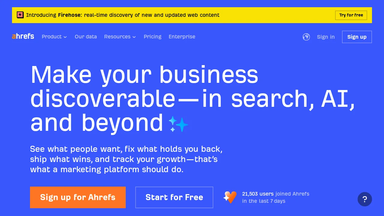 Ahrefs homepage — one of the most popular SEO tools used by agencies and consultants for keyword research and backlink analysis