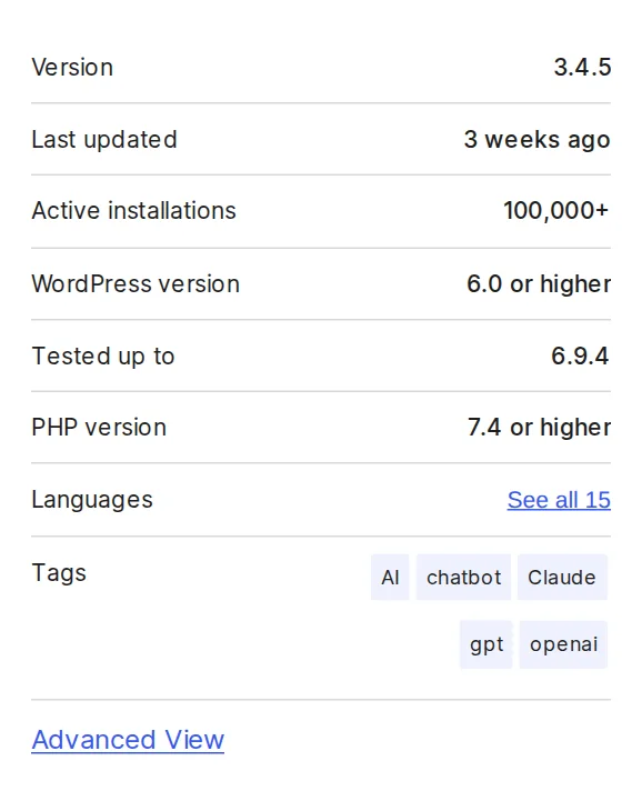 AI Engine plugin meta panel on WordPress.org showing version, update date, and active installations