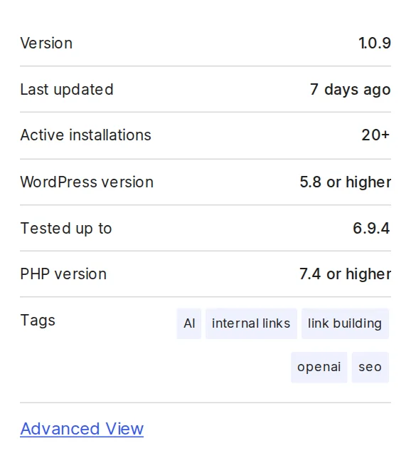 AI Internal Links plugin meta panel on WordPress.org showing version, update date, and active installations