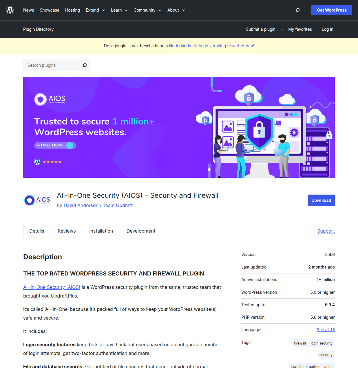 All-In-One Security AIOS plugin page on WordPress.org showing security and firewall features