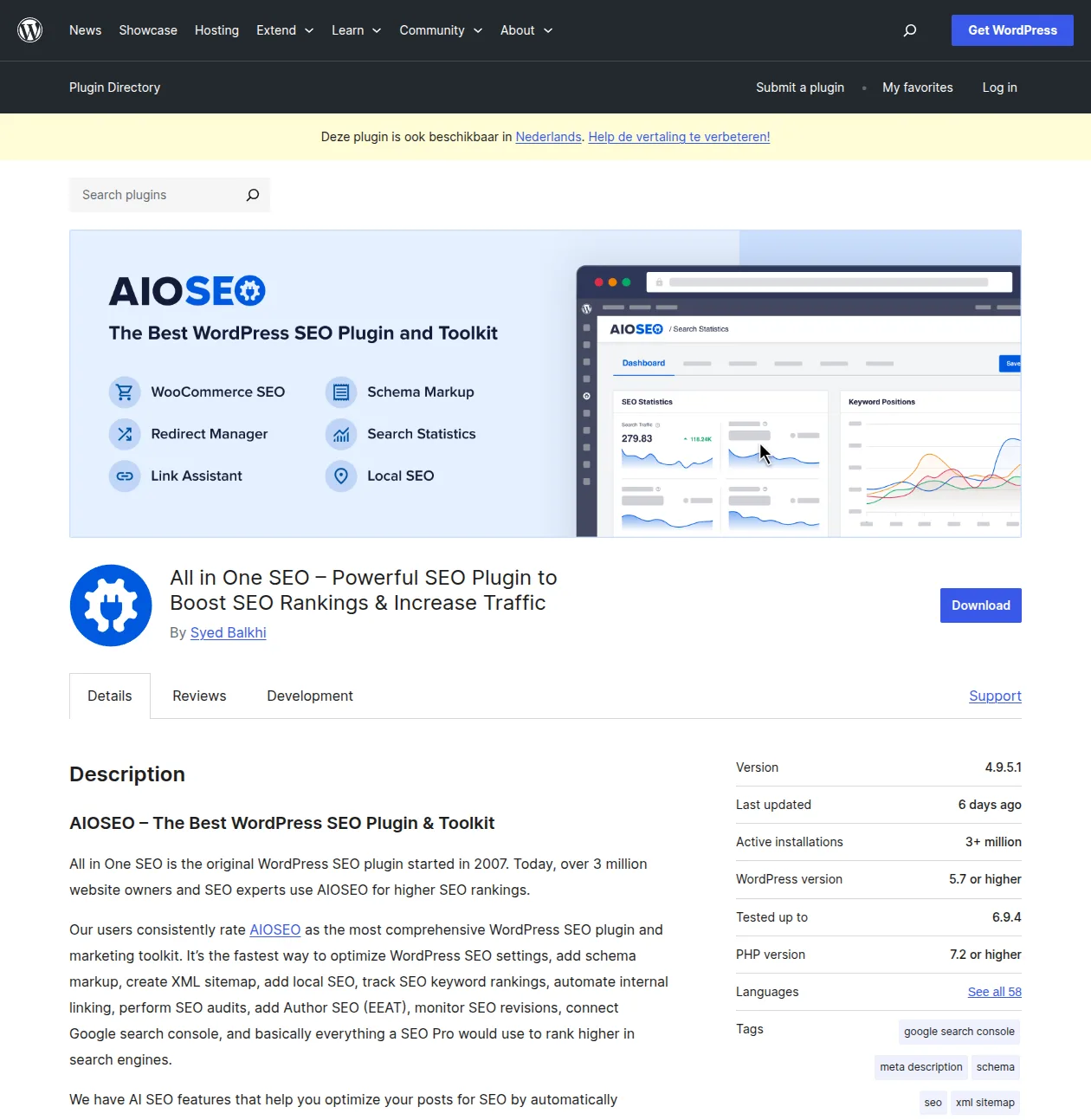 All in One SEO plugin page on WordPress.org showing 3 million active installations with WooCommerce SEO, Schema Markup, and Search Statistics features