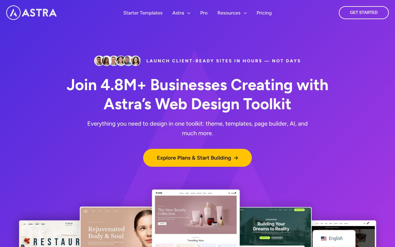 Astra theme homepage showing its design toolkit and starter templates