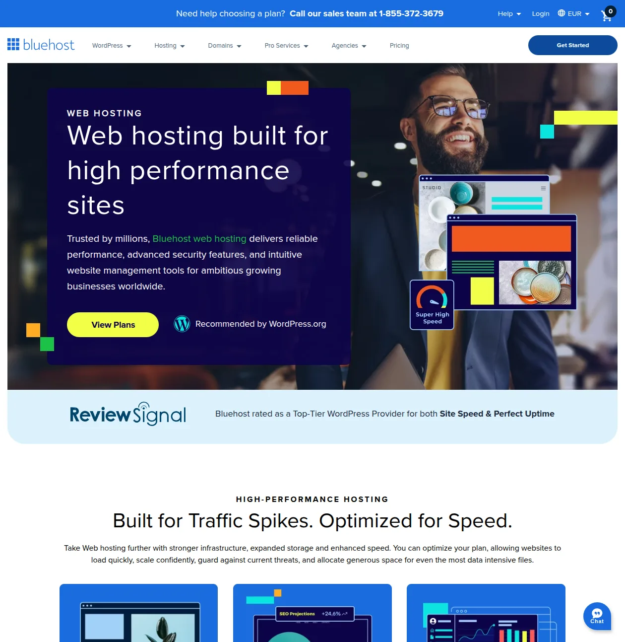Bluehost pricing plans showing Basic, Choice Plus, and Online Store tiers