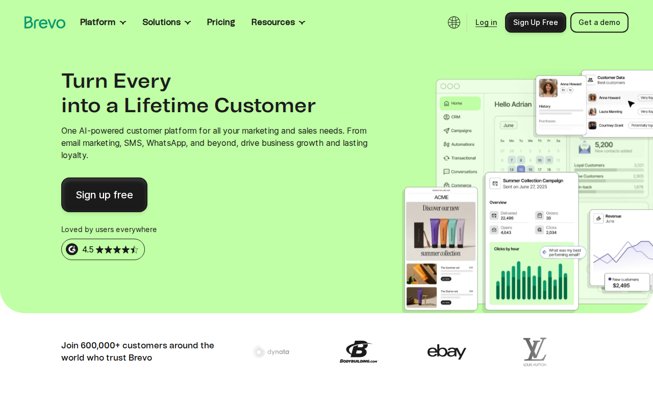 Brevo homepage showing their email marketing and automation platform with a free signup option