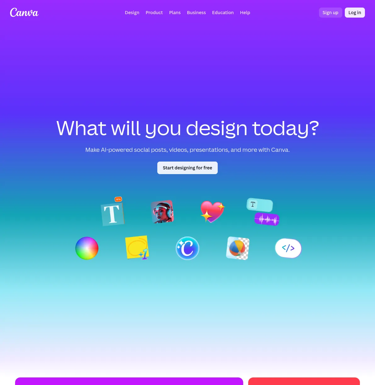 Canva homepage showing the free design tool for creating blog graphics, social media images, and visual content