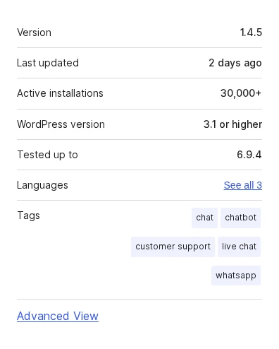 Chatway plugin meta panel on WordPress.org showing version, update date, and active installations