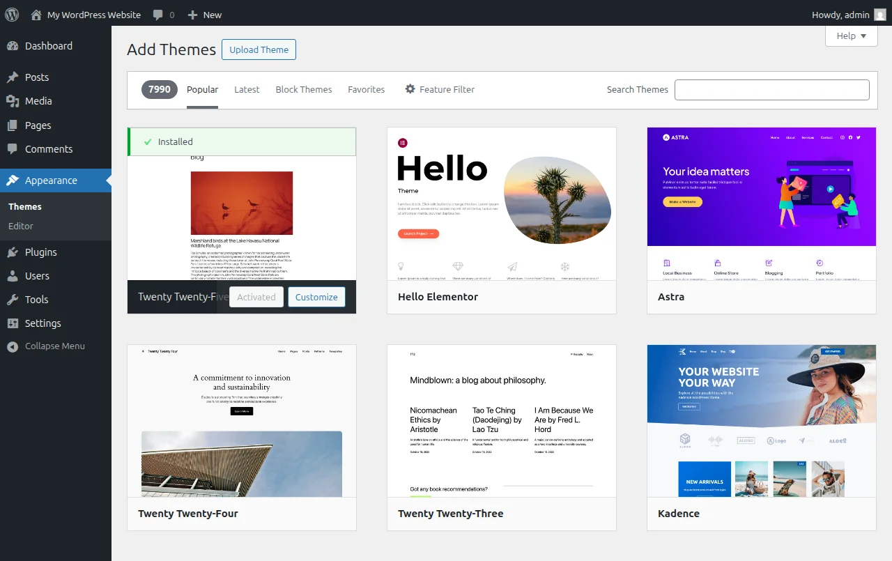 The WordPress.org theme directory showing over 14,000 free themes available for download, with categories for Popular, Latest, Community, Commercial, and Block themes