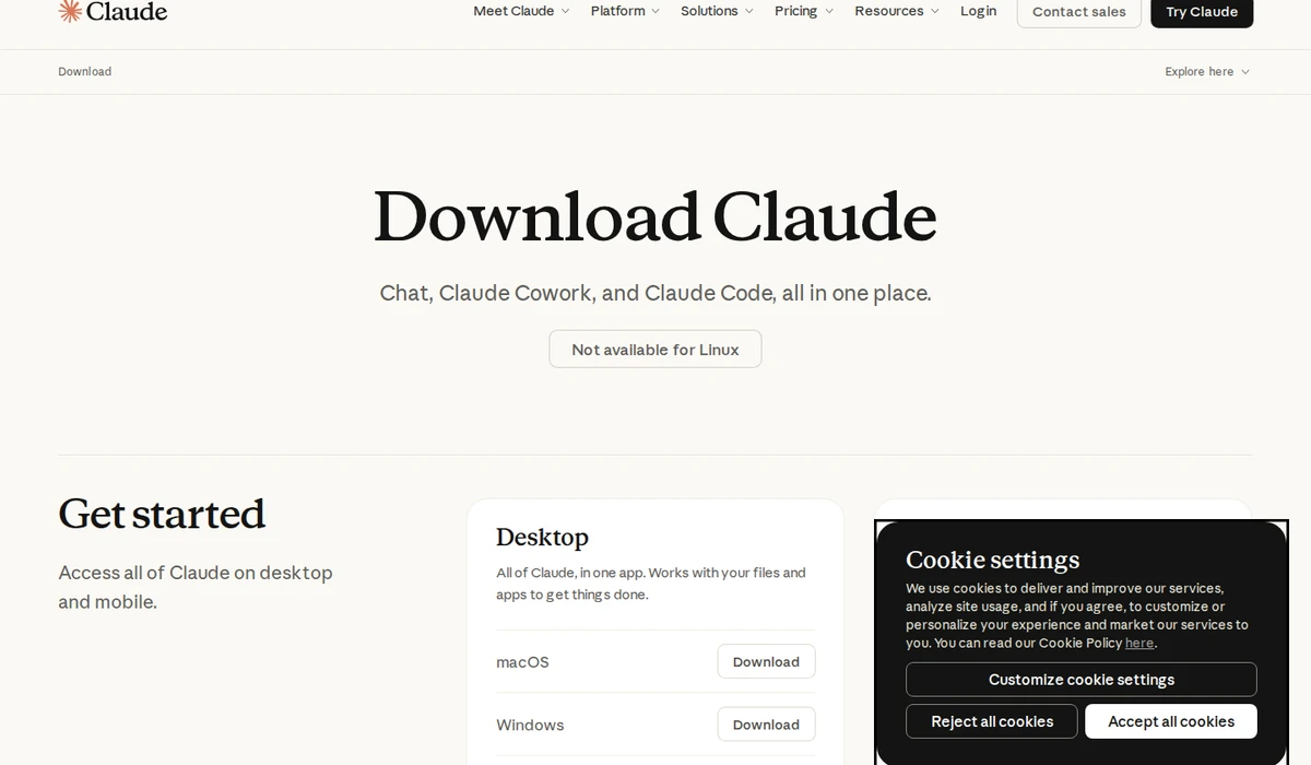 Claude Desktop download page showing macOS and Windows options