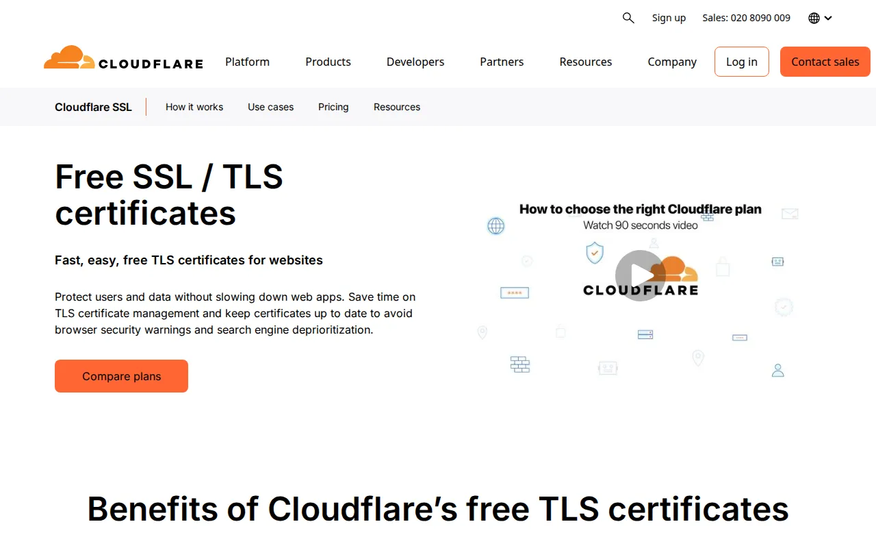 Cloudflare SSL page showing free SSL/TLS certificates with features for protecting users and data