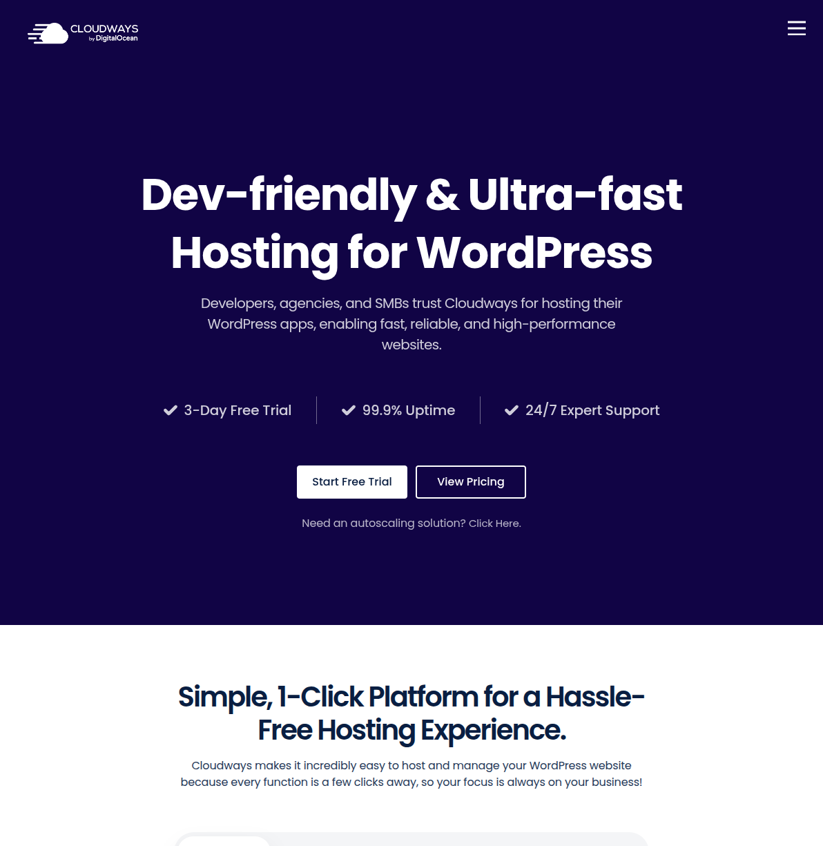 Cloudways WordPress hosting page showing developer-friendly features with DigitalOcean branding