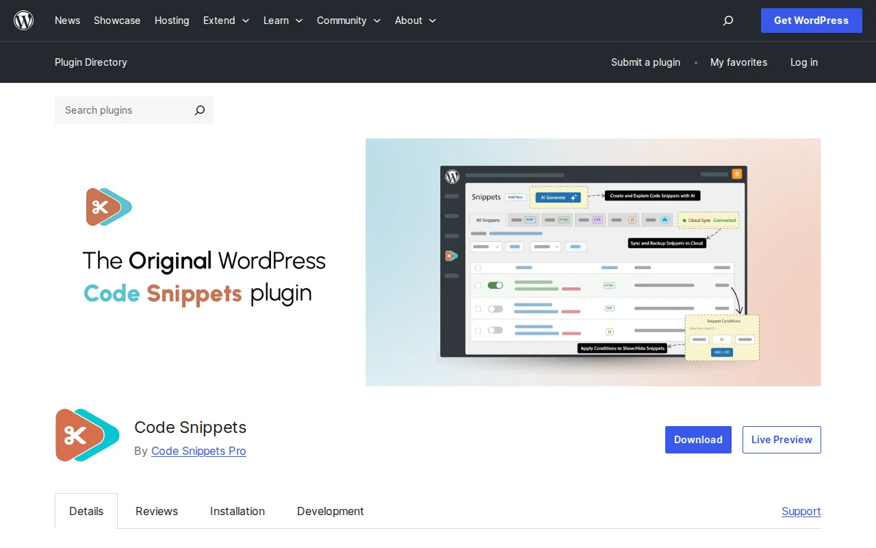 Code Snippets plugin page on WordPress.org showing the original WordPress code snippets manager with cloud sync and AI features