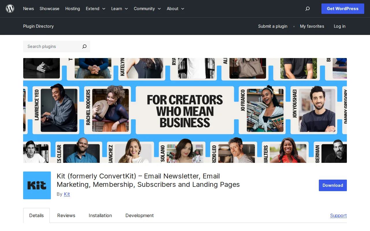 Kit (formerly ConvertKit) WordPress plugin page