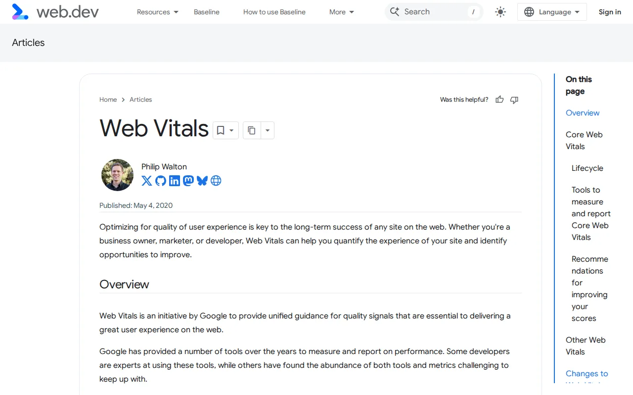 Google's web.dev article explaining Core Web Vitals metrics including LCP, INP, and CLS with threshold values