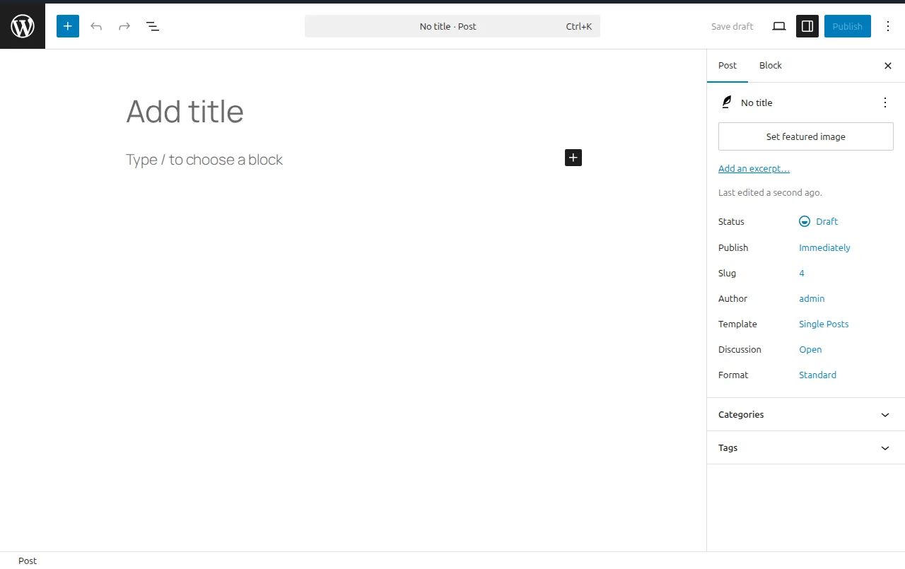 The WordPress block editor (Gutenberg) showing the editing interface with blocks