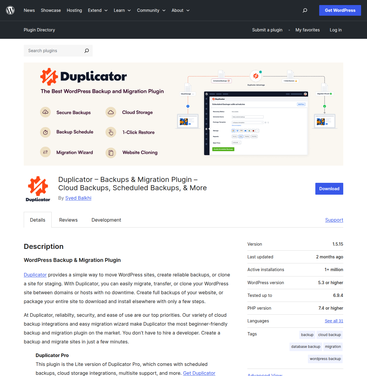 Duplicator plugin page on WordPress.org showing 1+ million active installations and 4.9 star rating