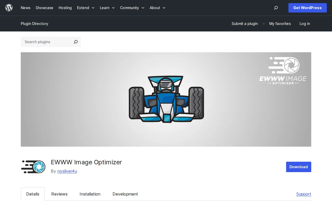 EWWW Image Optimizer plugin page on WordPress.org showing its image compression and WebP conversion capabilities