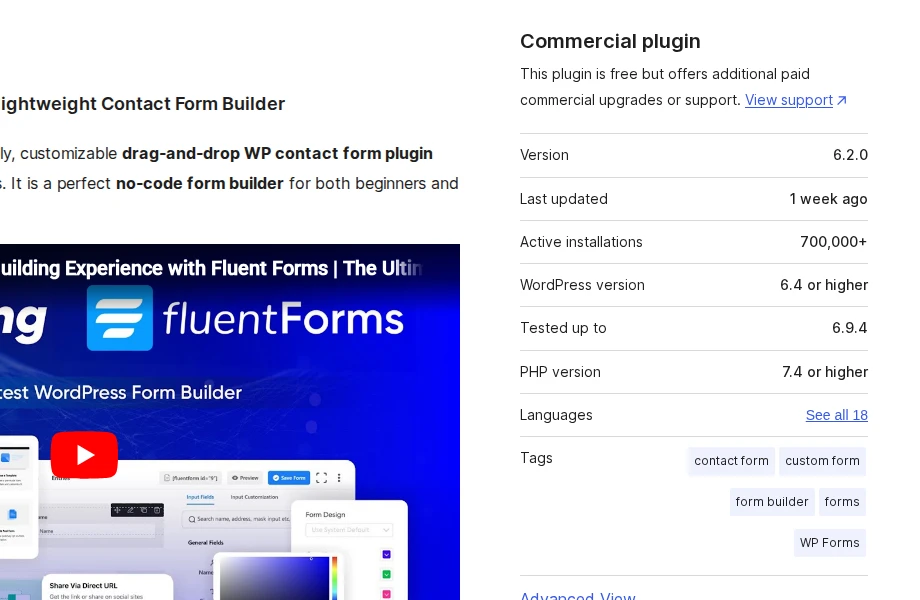 Fluent Forms plugin page on WordPress.org showing active installations and form builder features