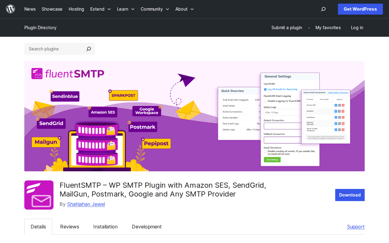 FluentSMTP plugin on WordPress.org showing support for Amazon SES, SendGrid, MailGun, Postmark, Google, and other SMTP providers