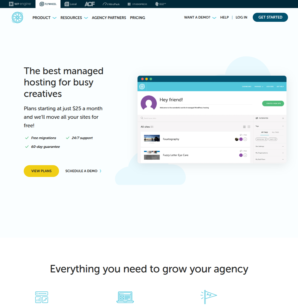 Flywheel managed WordPress hosting homepage showing dashboard with site management features for agencies