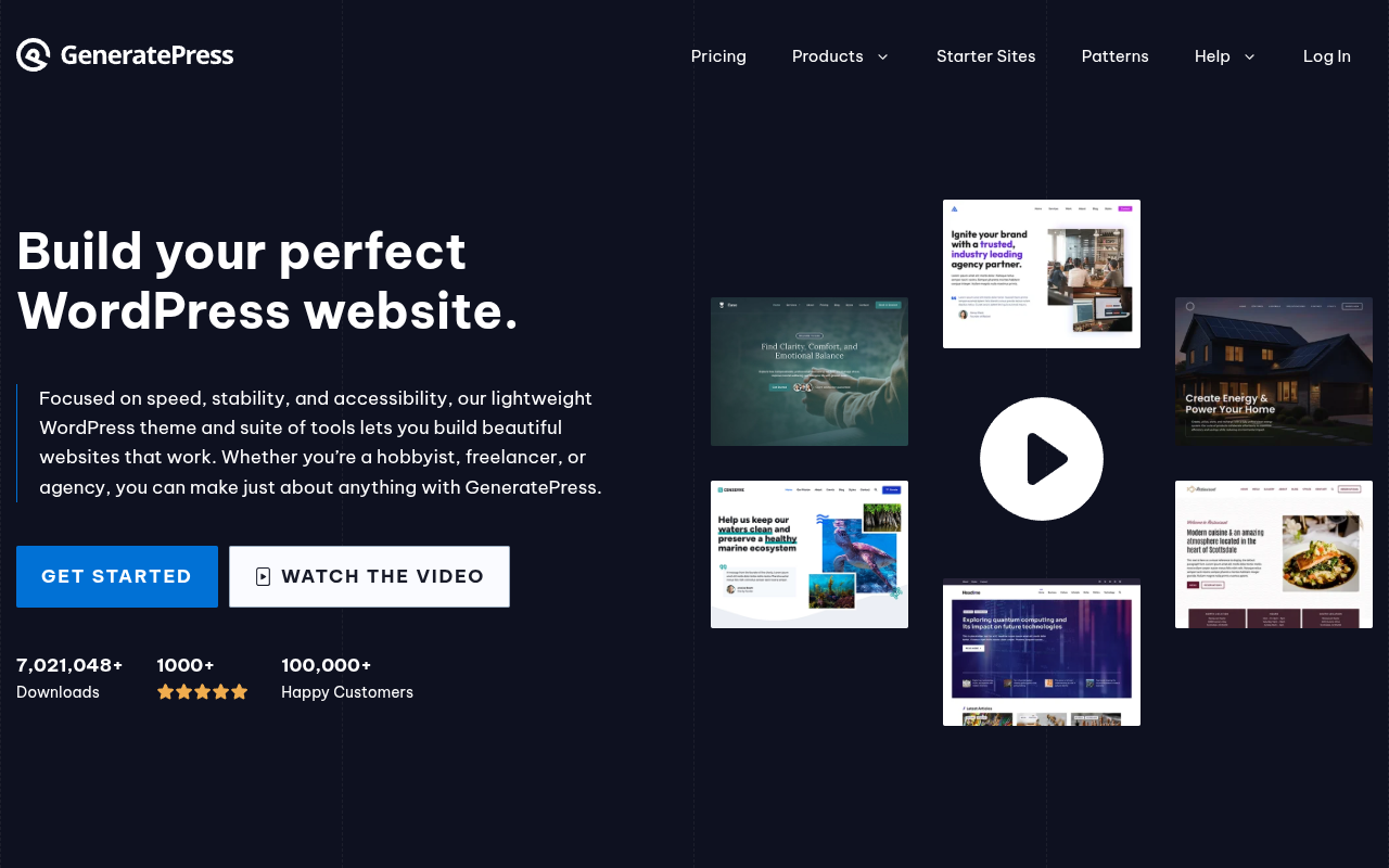 GeneratePress homepage showing it as a fast and lightweight WordPress theme