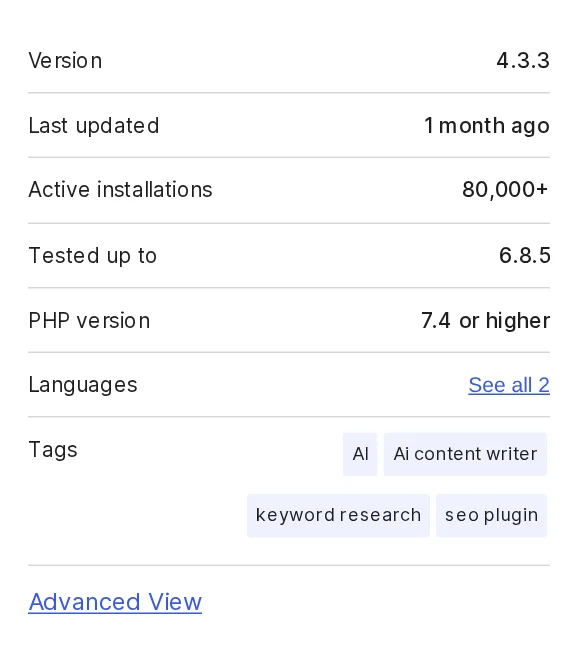 GetGenie plugin meta panel on WordPress.org showing version, update date, and active installations