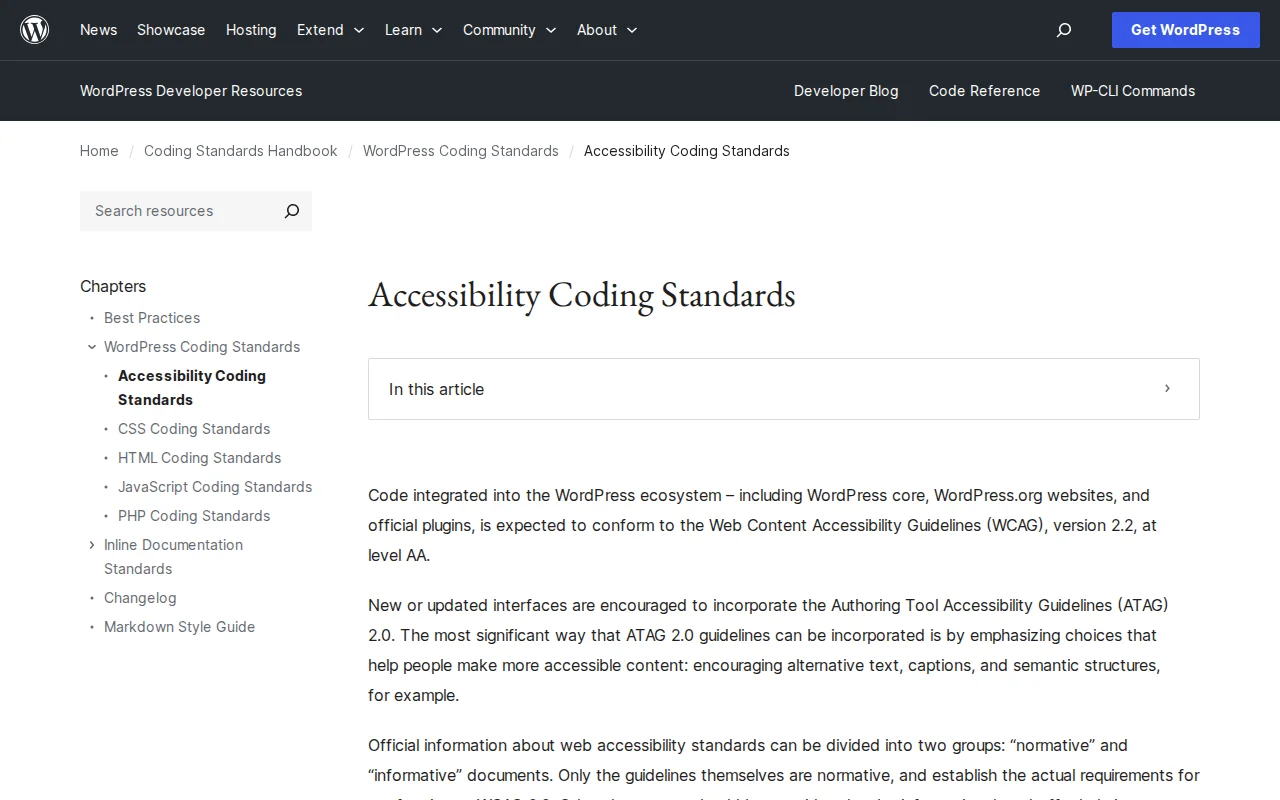 WordPress Accessibility coding standards on developer.wordpress.org