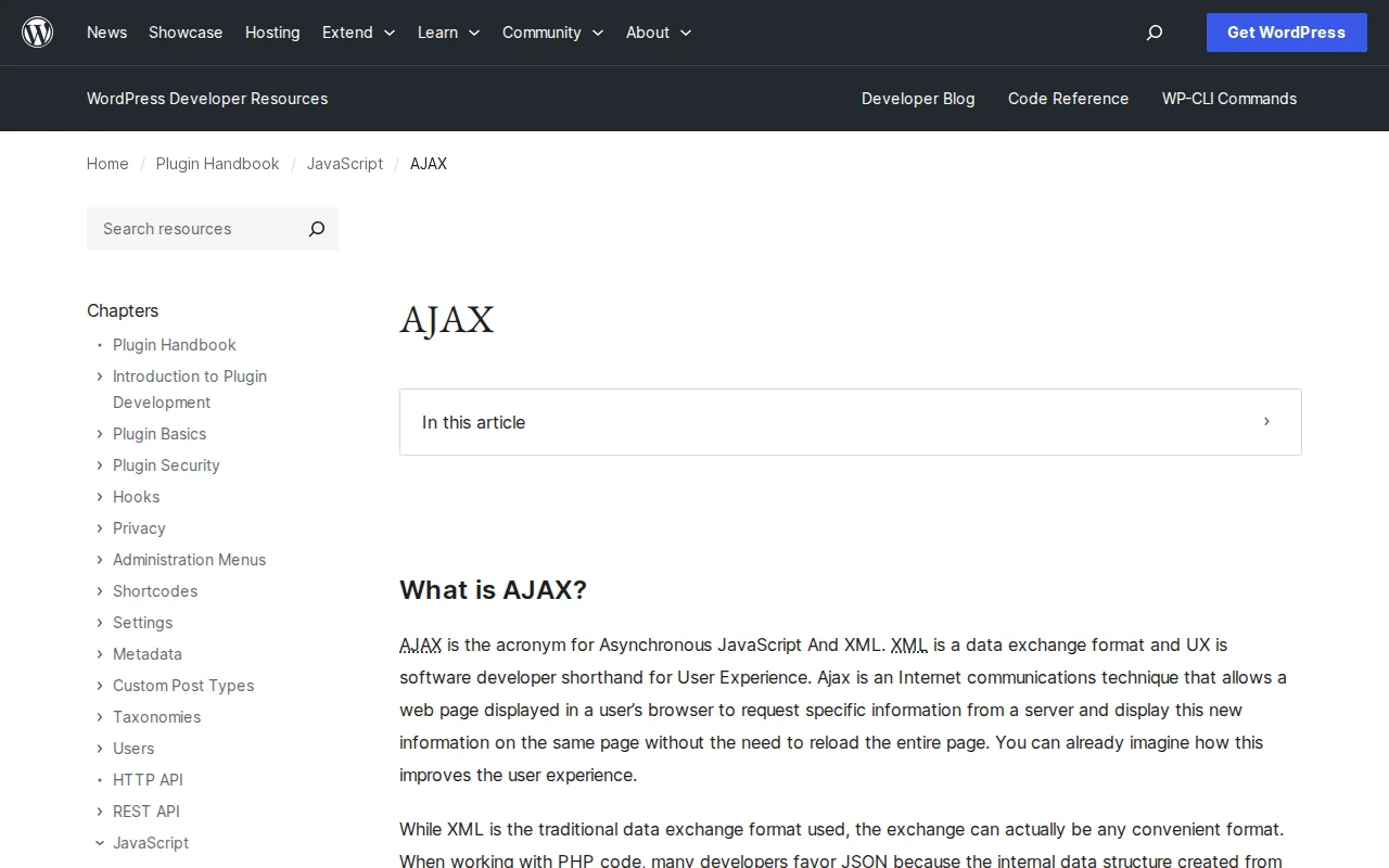 WordPress AJAX documentation in the Plugin Handbook on developer.wordpress.org