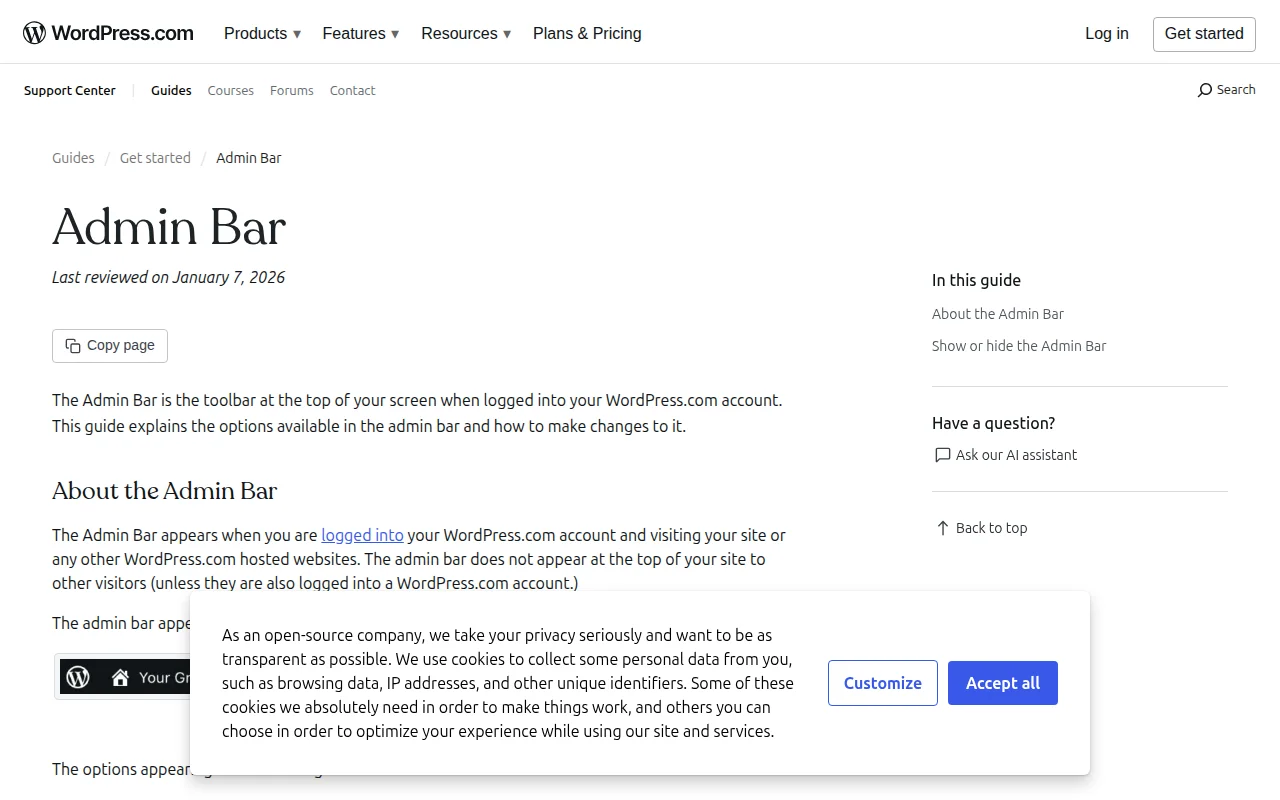 WordPress.com support page explaining the Admin Bar