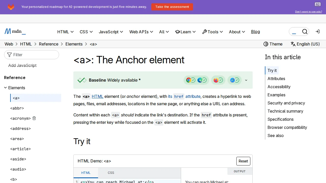 MDN documentation for the HTML anchor element