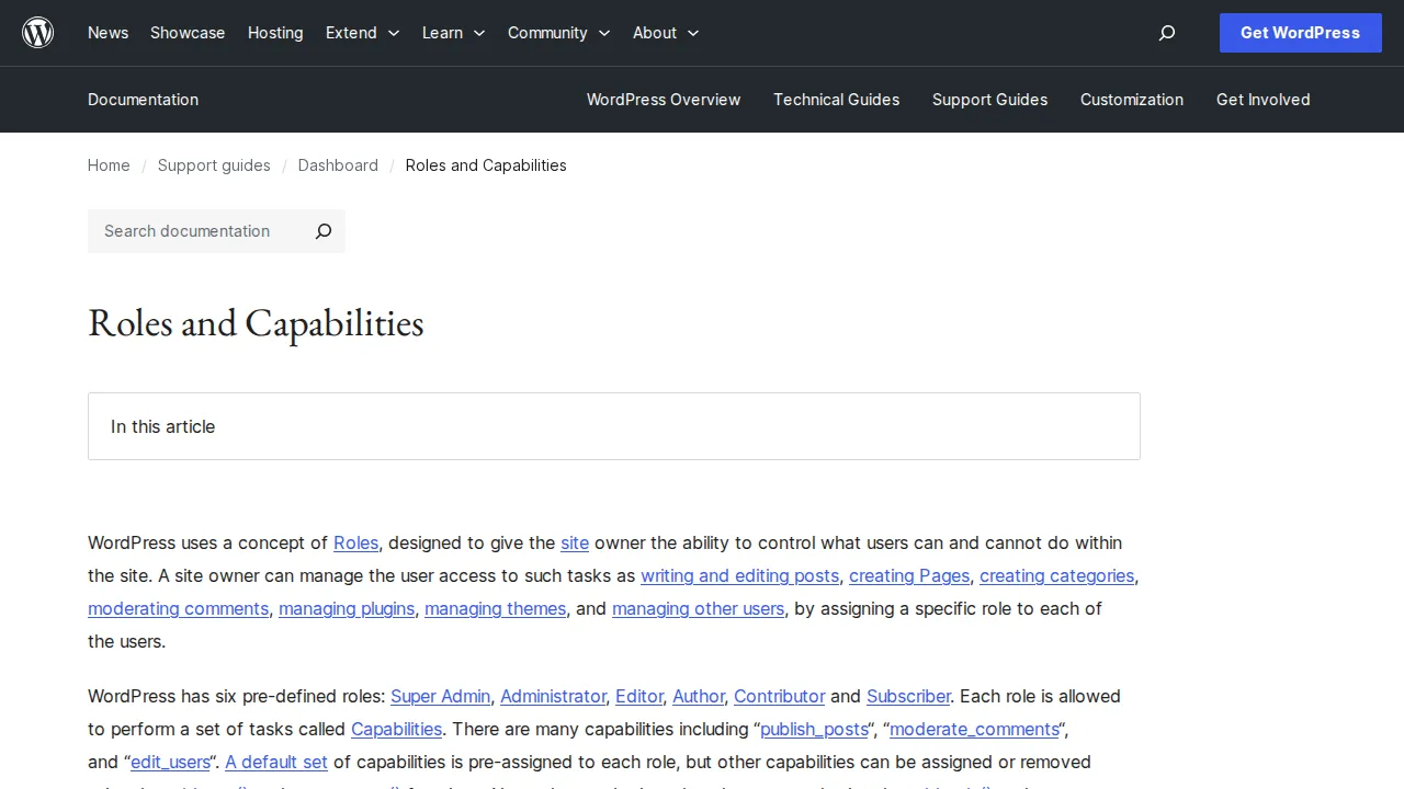 WordPress roles and capabilities documentation