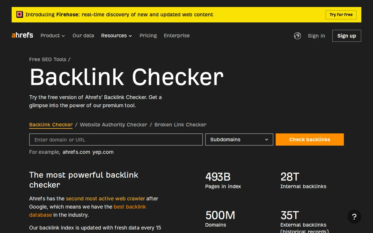 Ahrefs free backlink checker tool — used to analyze which websites link to your WordPress site and your competitors