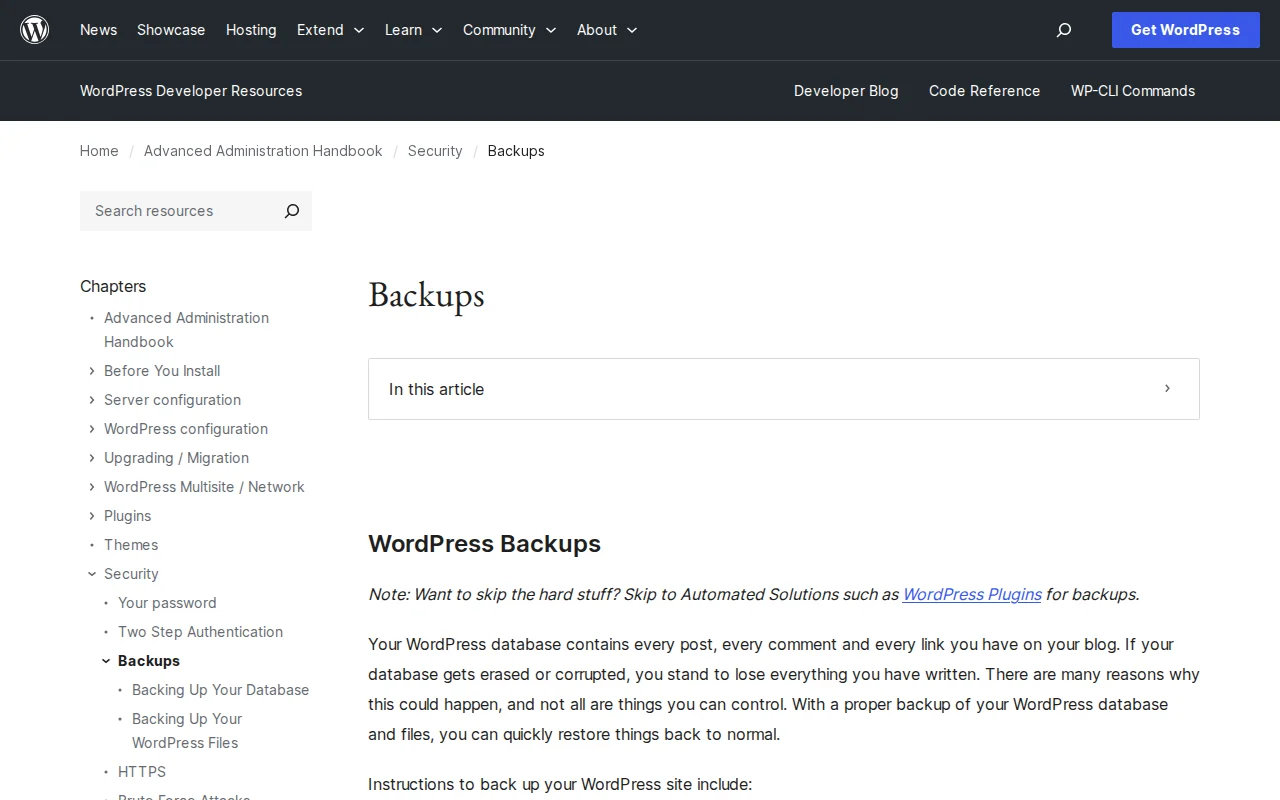 WordPress Developer backup documentation