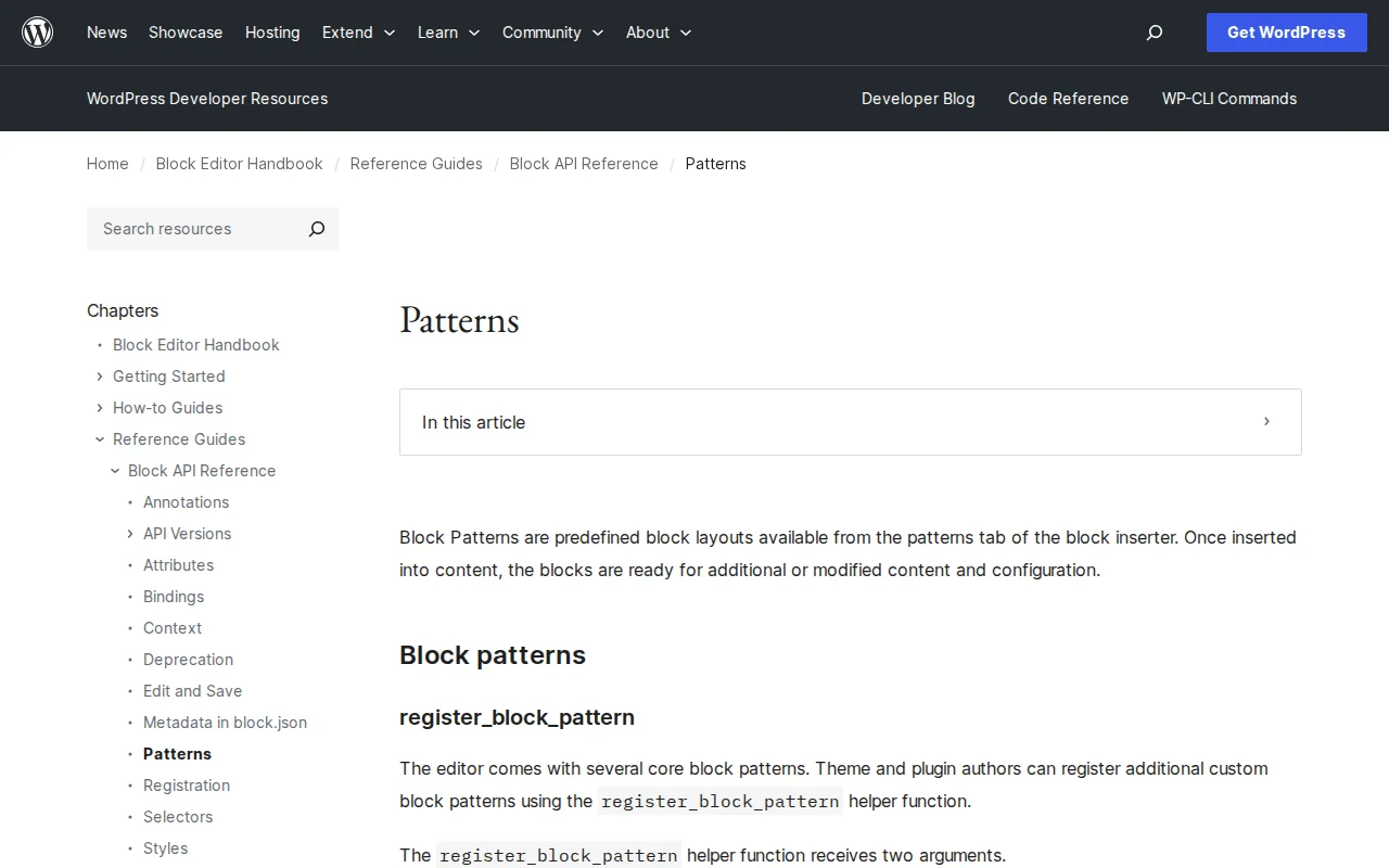 WordPress Developer block patterns documentation