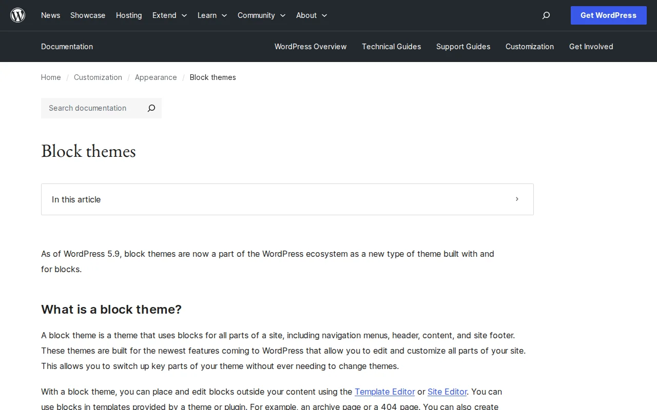 WordPress Block Themes documentation on wordpress.org