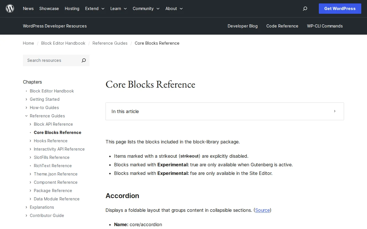 WordPress Core Blocks Reference listing all available blocks on developer.wordpress.org