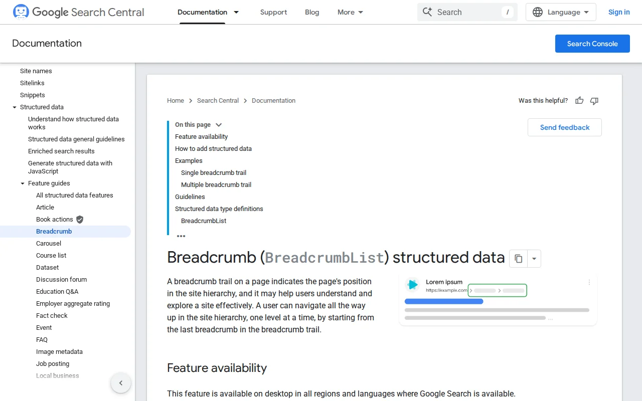 Google Search Central documentation on breadcrumb structured data markup