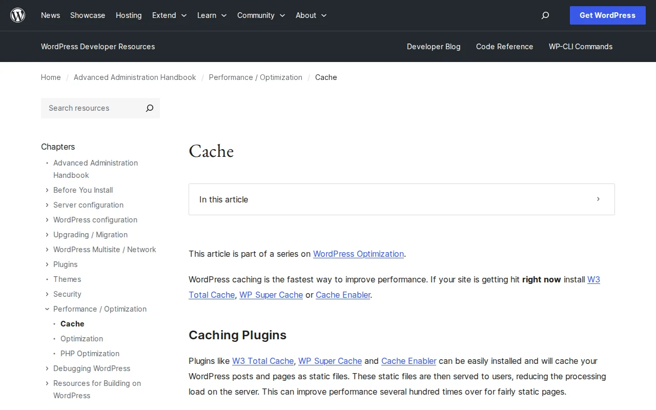 WordPress Developer documentation on caching — the official advanced administration guide for WordPress performance optimization