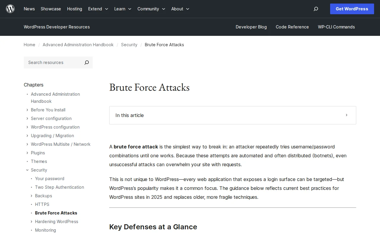 WordPress Developer documentation on brute force attacks — the official guide on protecting your WordPress login