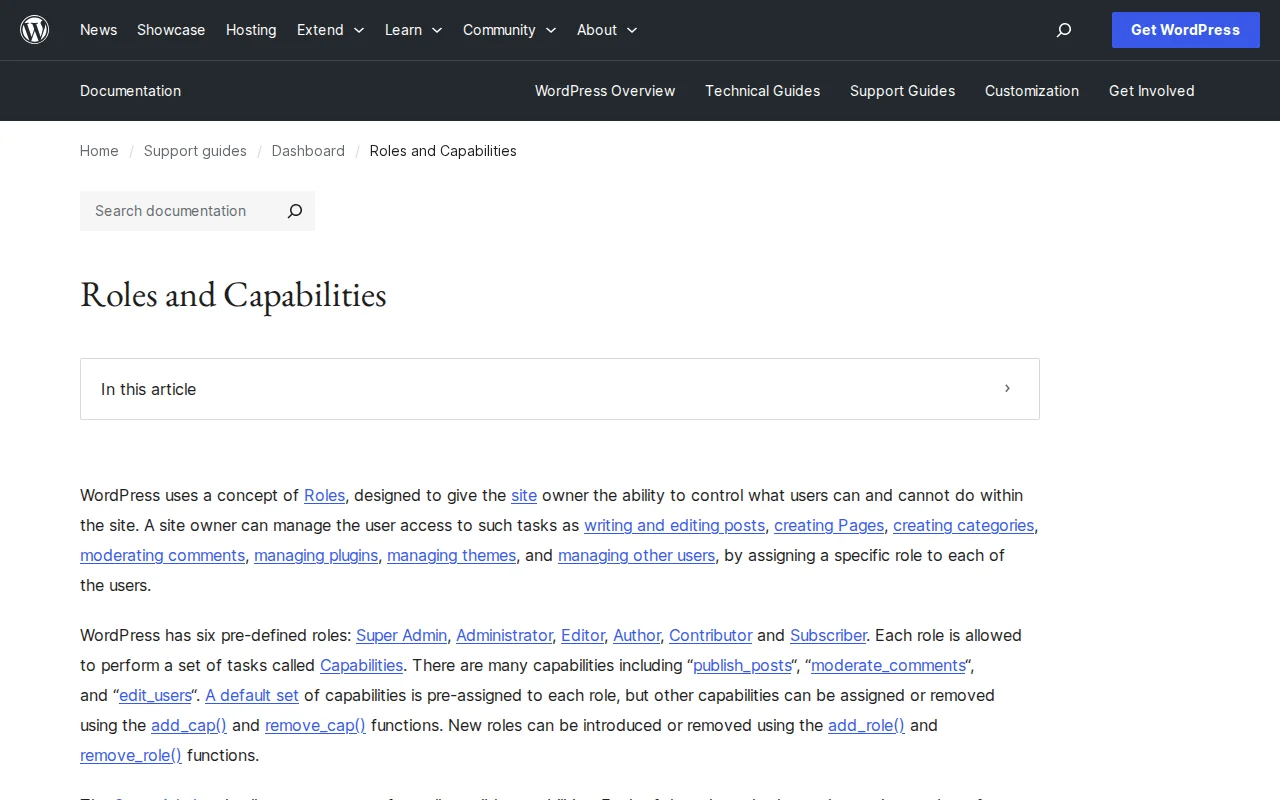 WordPress Roles and Capabilities documentation on wordpress.org