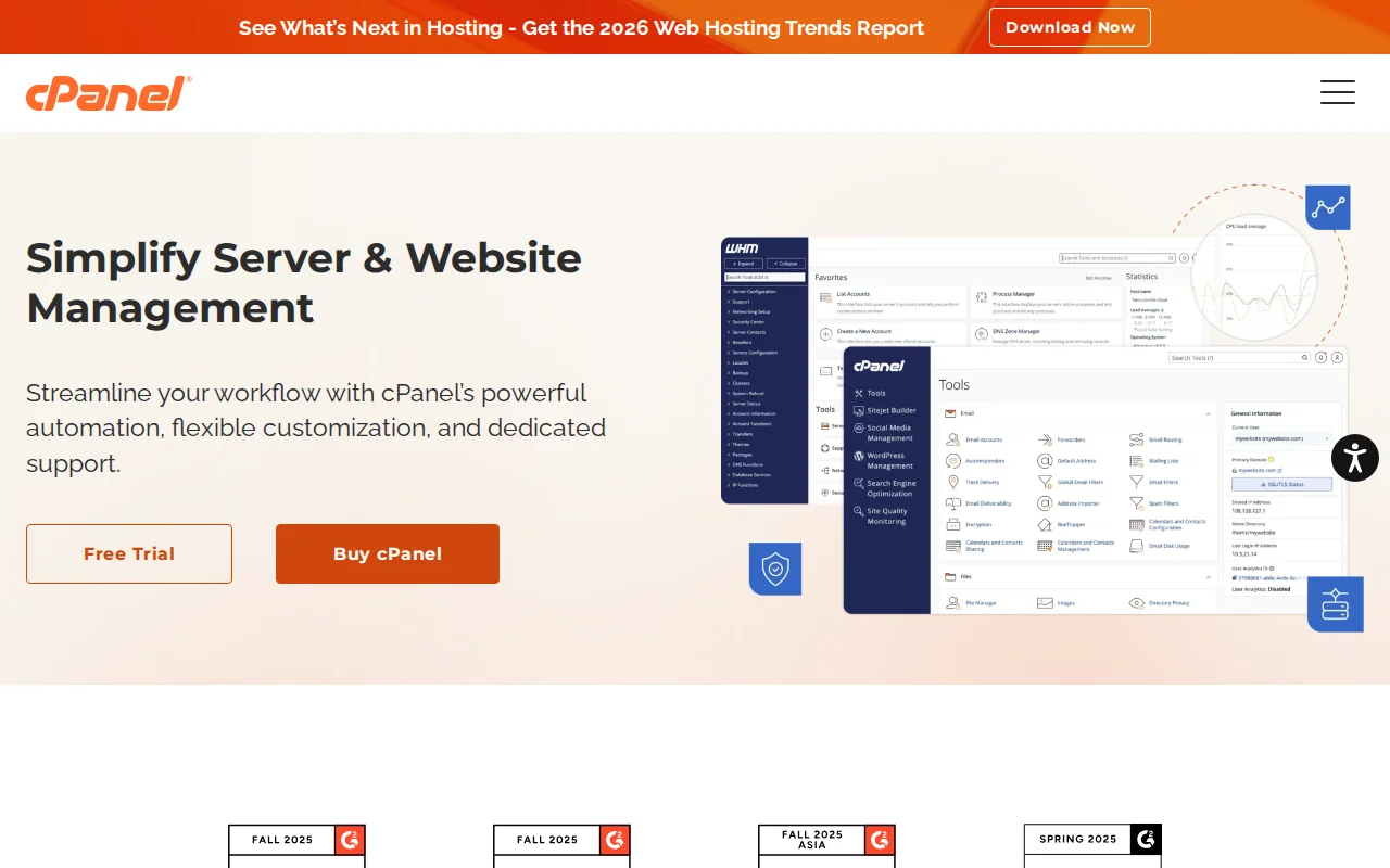 cPanel.net homepage showing the web hosting control panel platform used by millions of websites worldwide